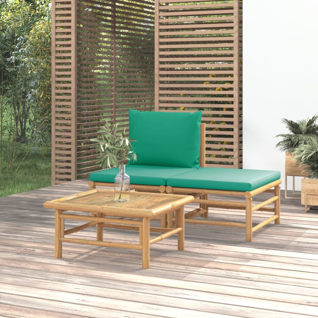 vidaXL 3 pcs conjunto lounge de jardim bambu c/ almofadões verdes