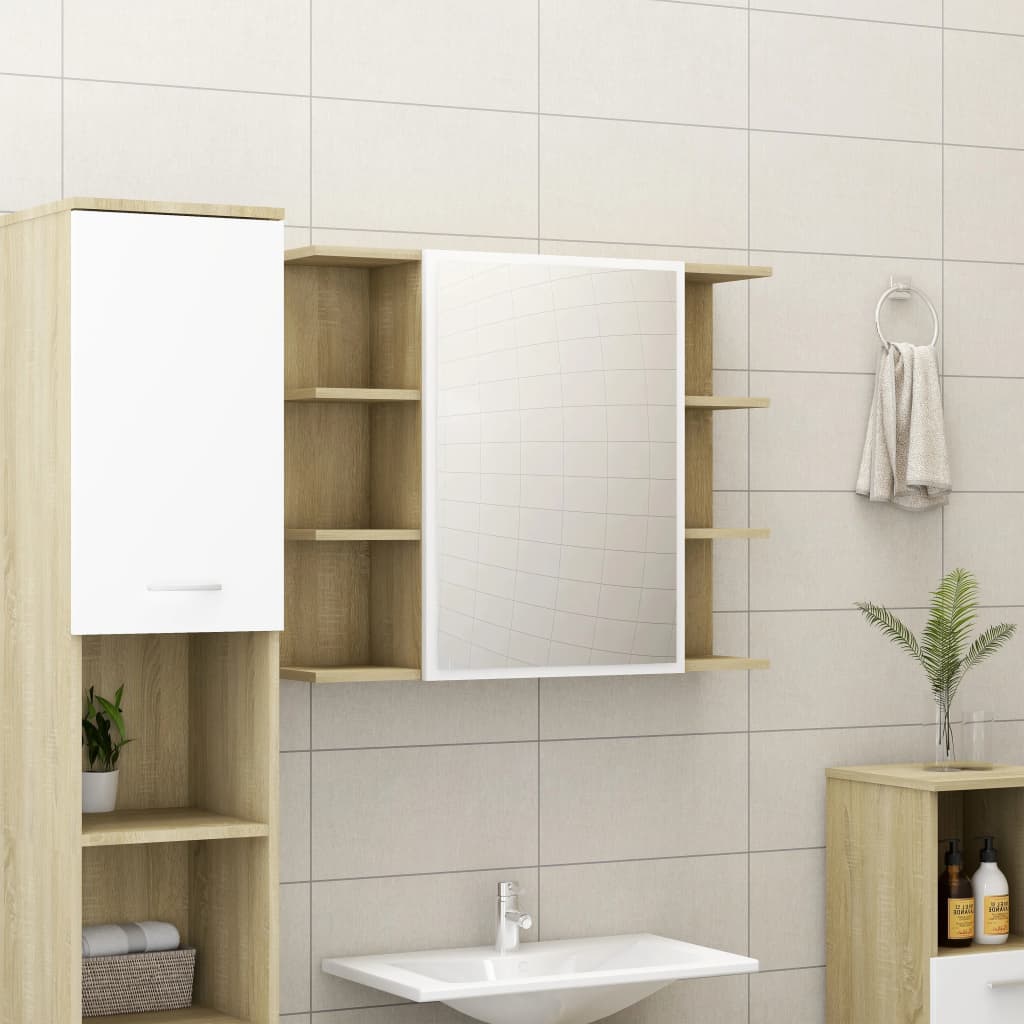 vidaXL Armário WC espelho 80x20,5x64cm contraplacado branco/carvalho