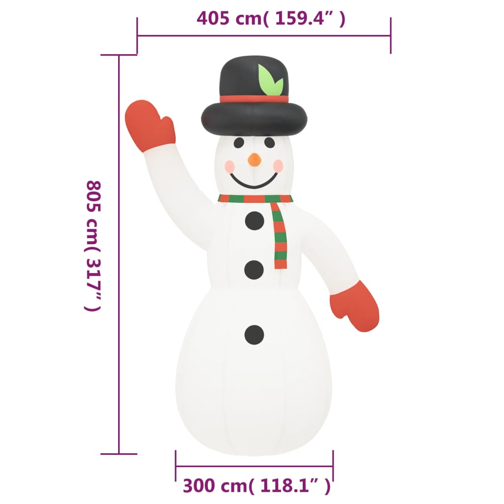 vidaXL Boneco de neve insuflável com luzes LED 805 cm