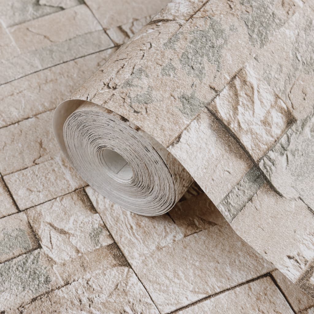vidaXL Papel de parede 3D com aspeto de pedra cinzento e bege
