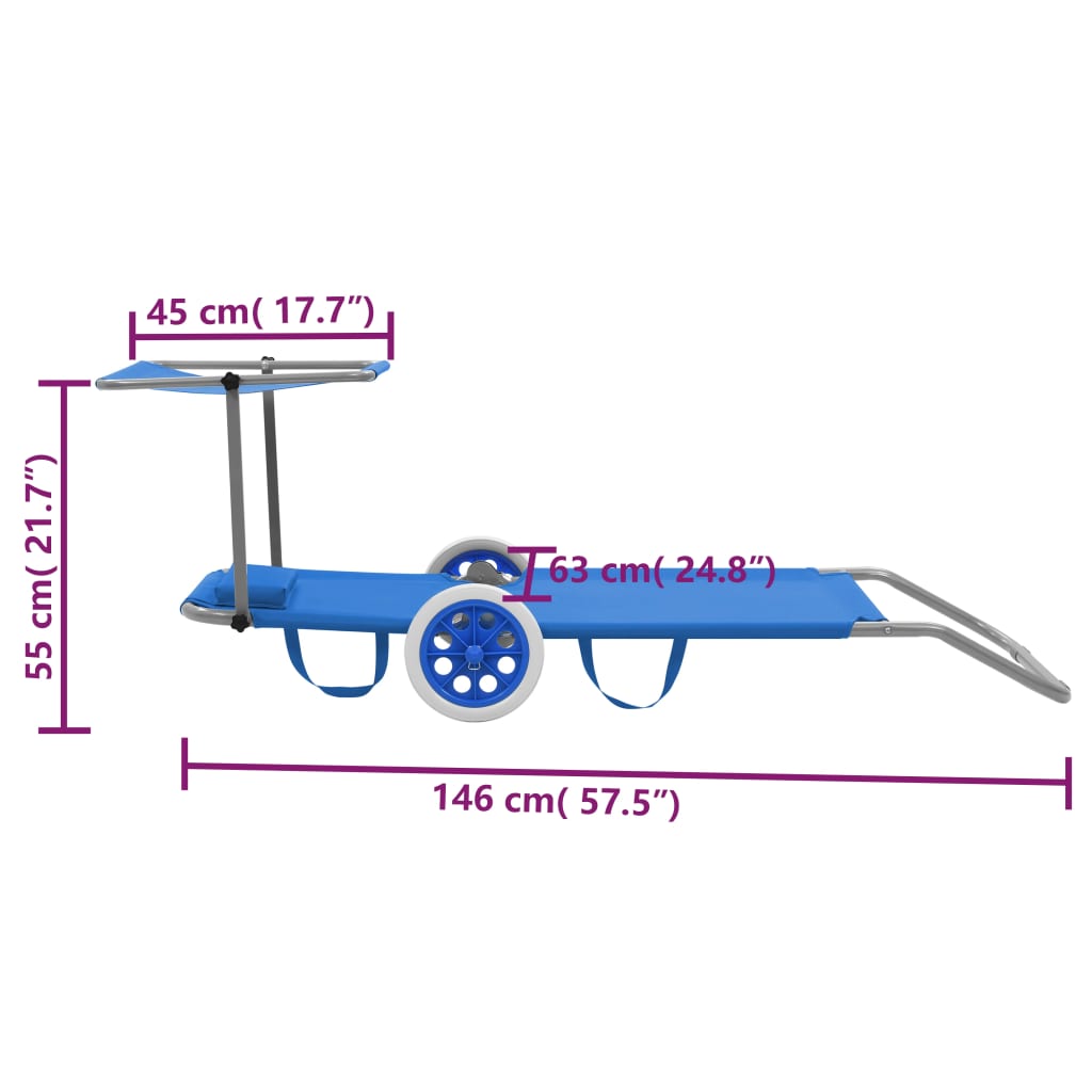 vidaXL Espreguiçadeira dobrável com toldo e rodas aço azul