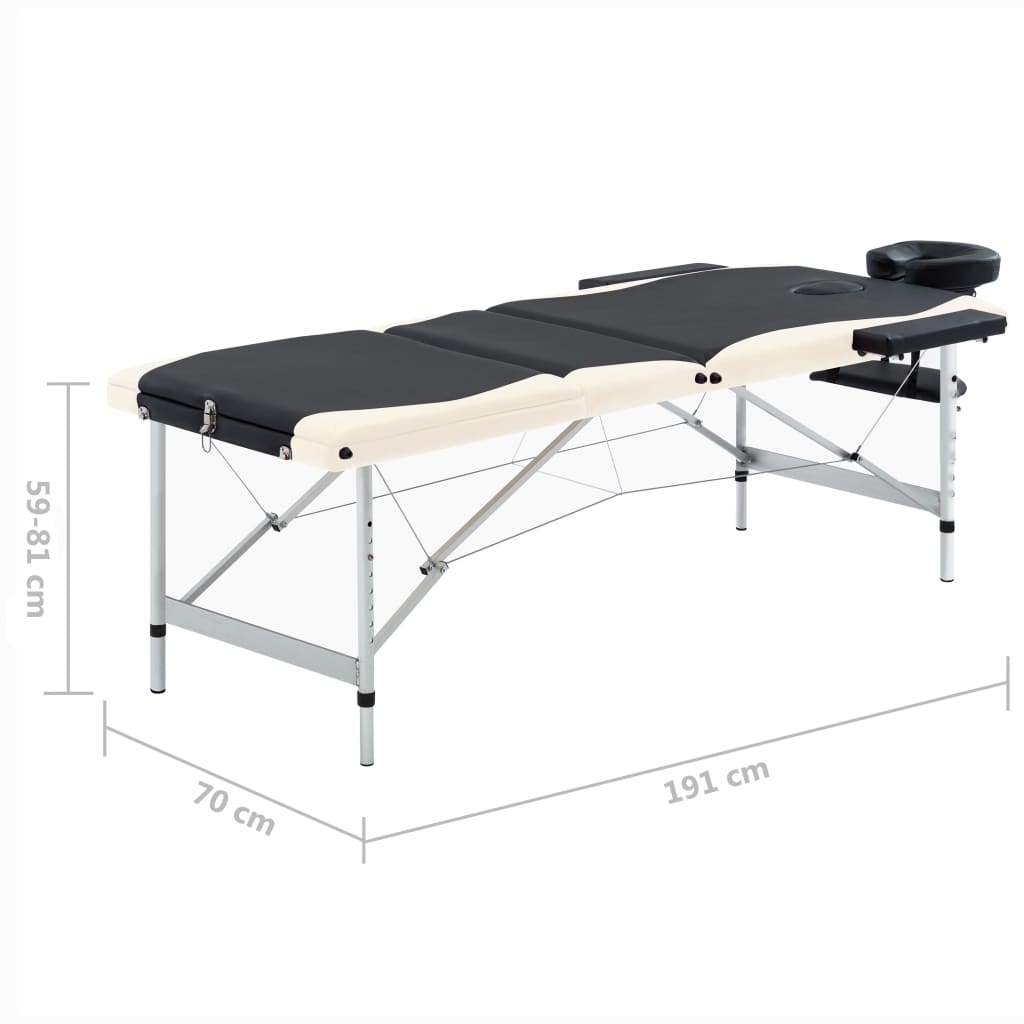 vidaXL Mesa de massagem dobrável 3 zonas alumínio preto e bege