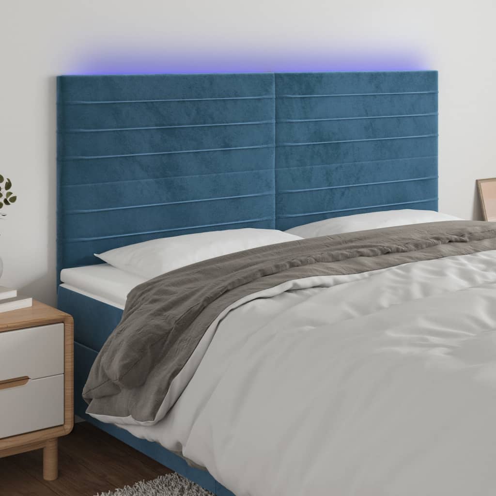 vidaXL Cabeceira cama c/ luzes LED veludo 200x5x118/128cm azul-escuro