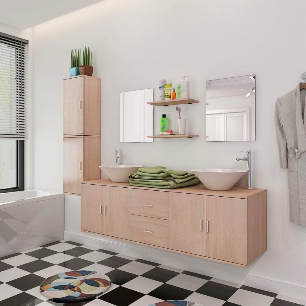 vidaXL Conjunto móveis casa de banho 11 pcs com bacia e torneira bege