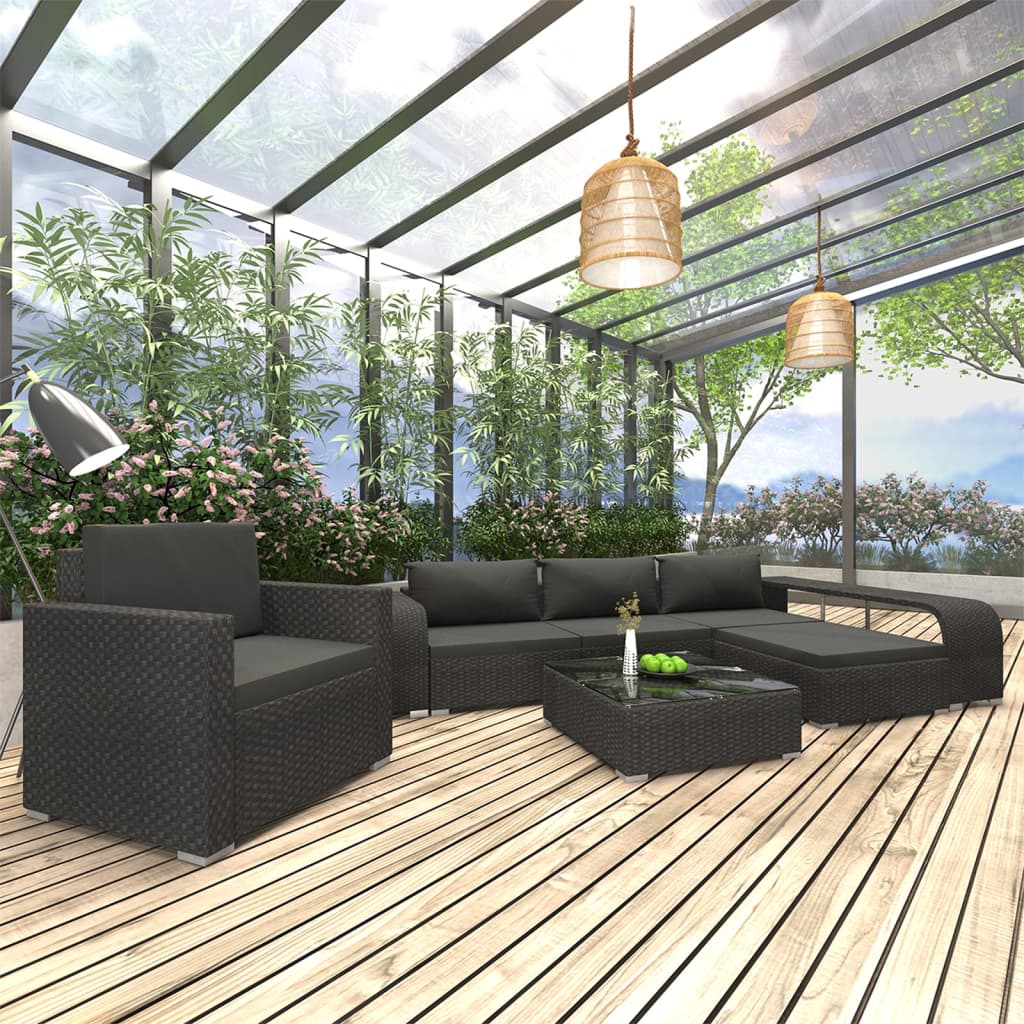 vidaXL 8 pcs conjunto lounge de jardim c/ almofadões vime PE preto