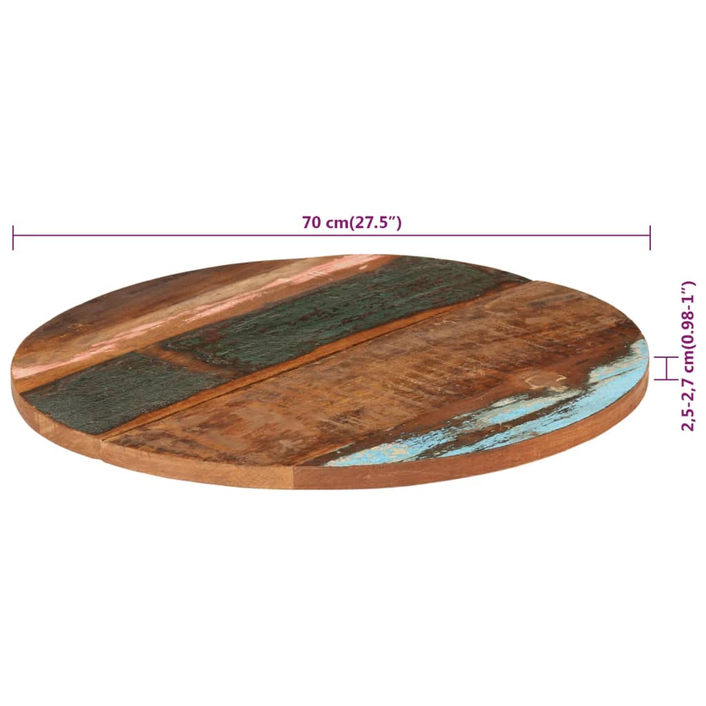 vidaXL Tampo de mesa redondo 70 cm 25-27 mm madeira recuperada maciça