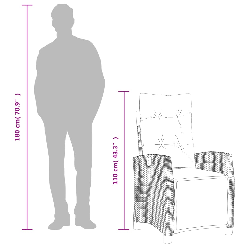 vidaXL Cadeira de jardim reclinável c/ apoio para os pés vime PE cinza
