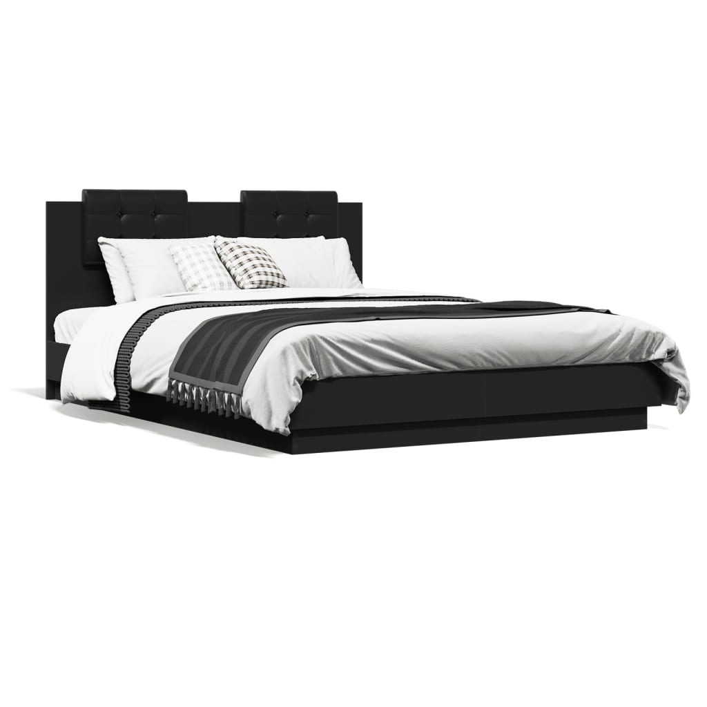 vidaXL Estrutura de cama com cabeceira e luzes LED 150x200 cm preto