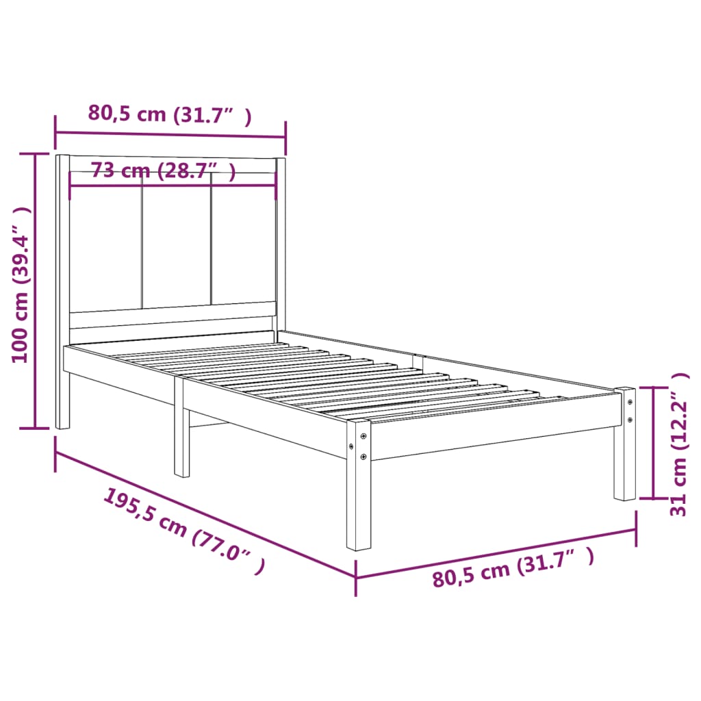 vidaXL Estrutura de cama pequena solteiro 2FT6 75x190 cm pinho maciço