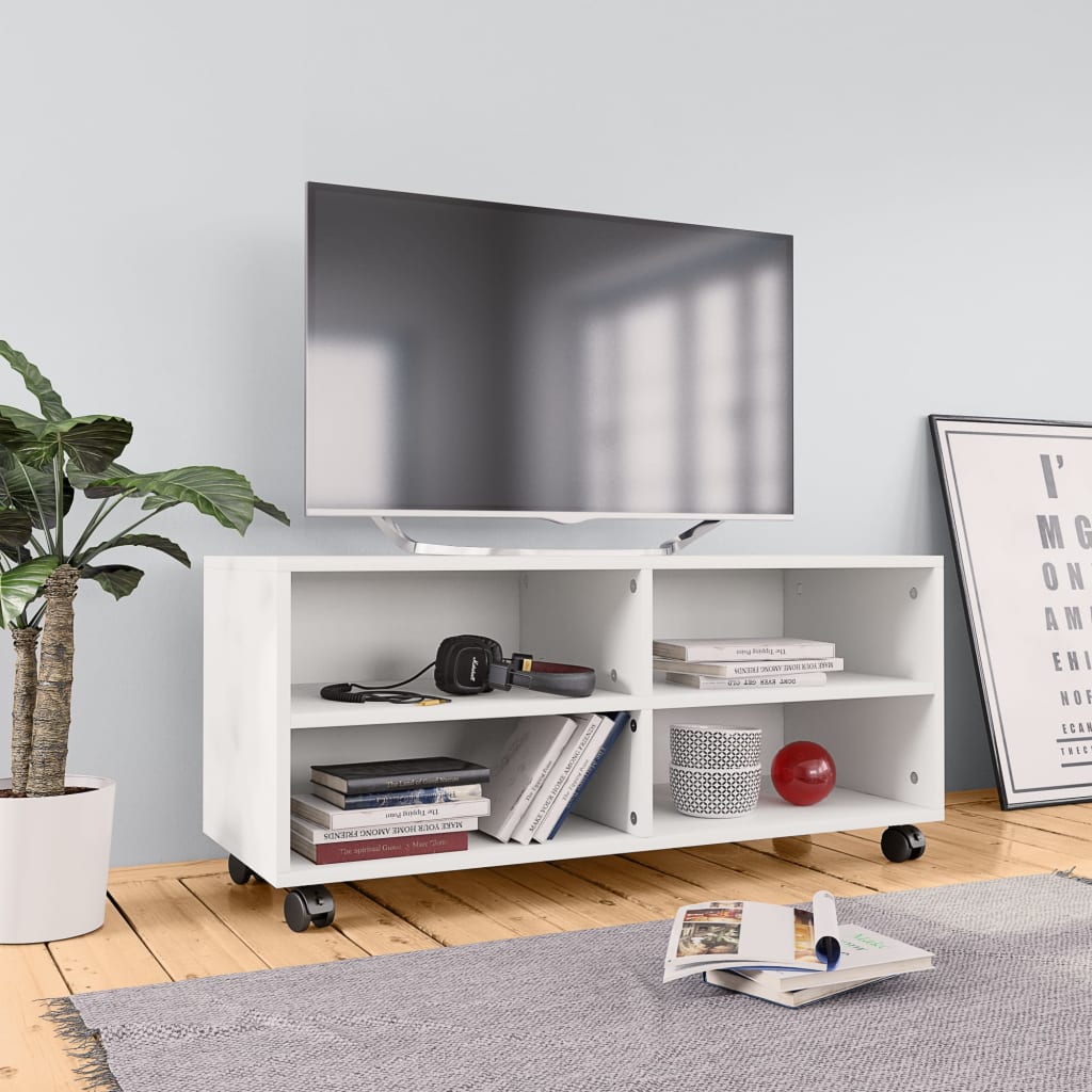 vidaXL Móvel de TV com rodas 90x35x35 cm contraplacado branco