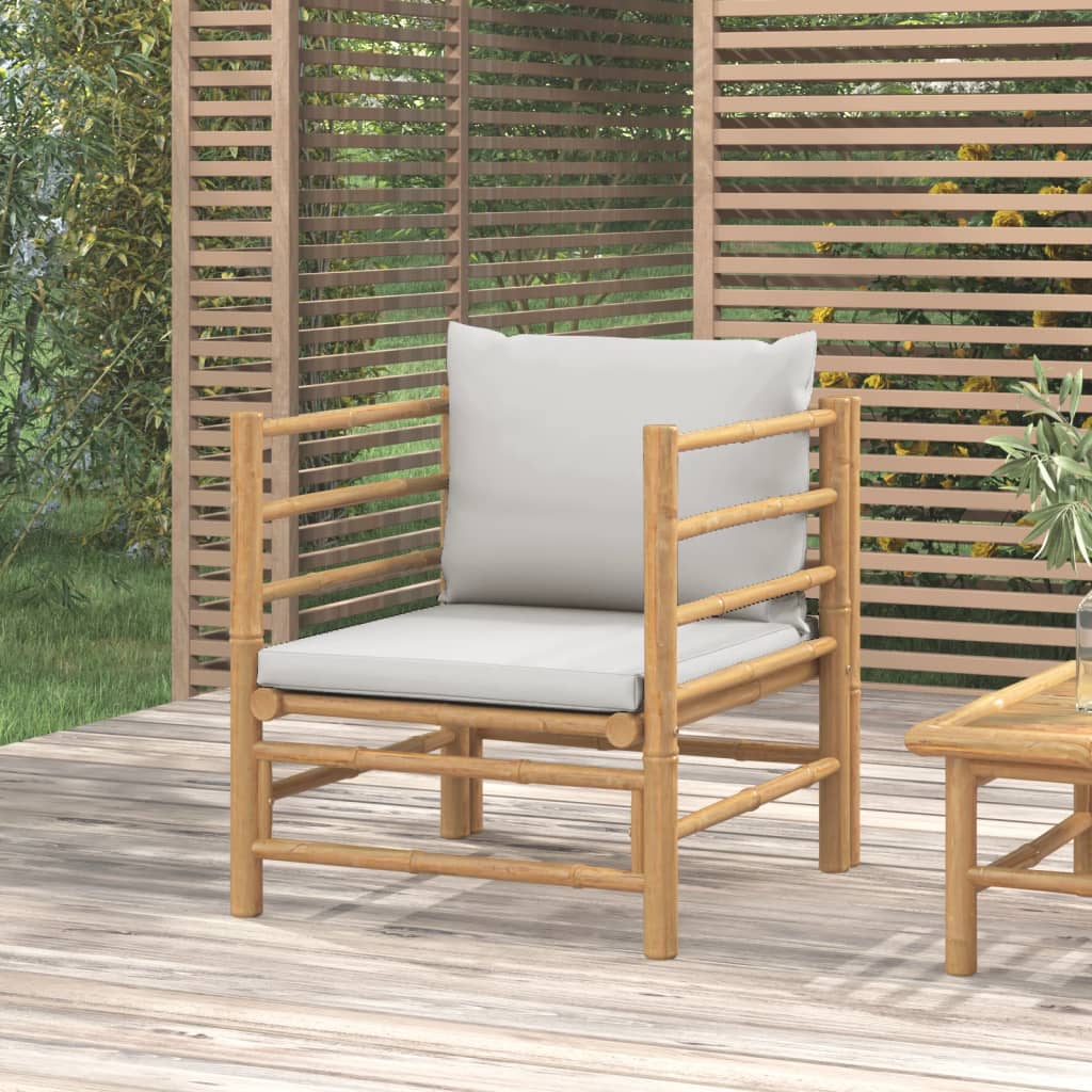 vidaXL Sofá de jardim bambu com almofadões cinzento-claro