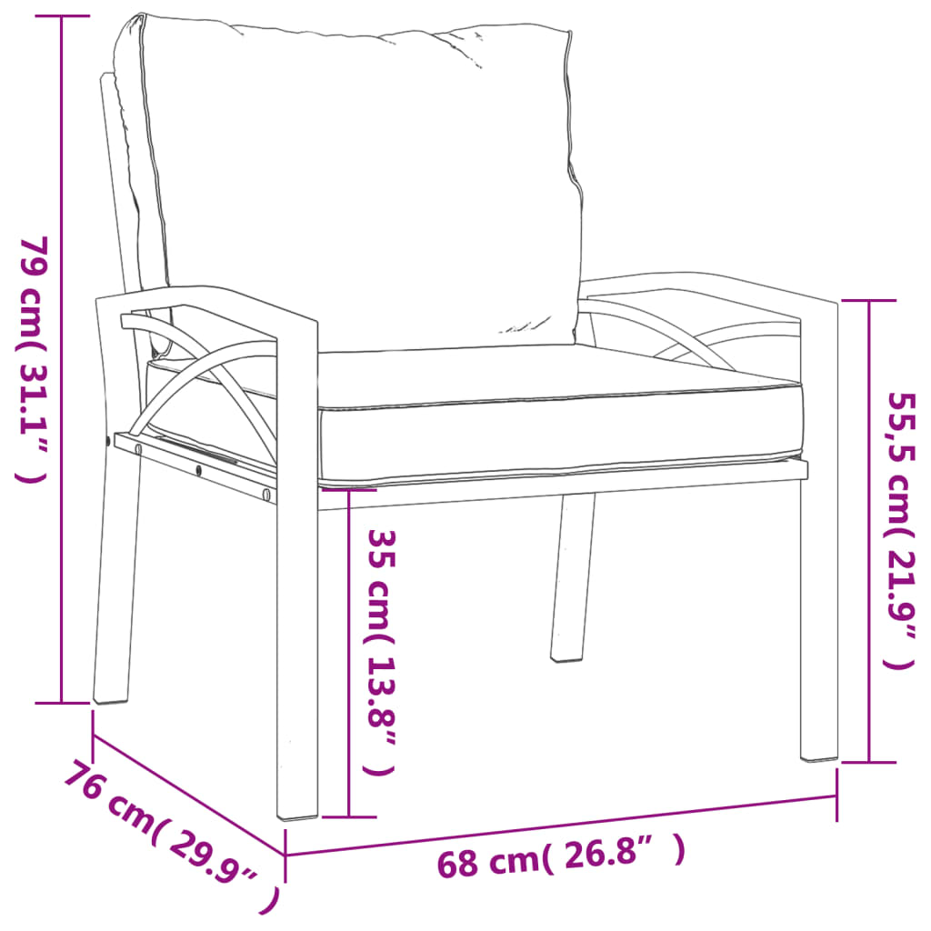 vidaXL Cadeiras de jardim c/ almofadões cinzentos 2pcs 68x76x79 cm aço