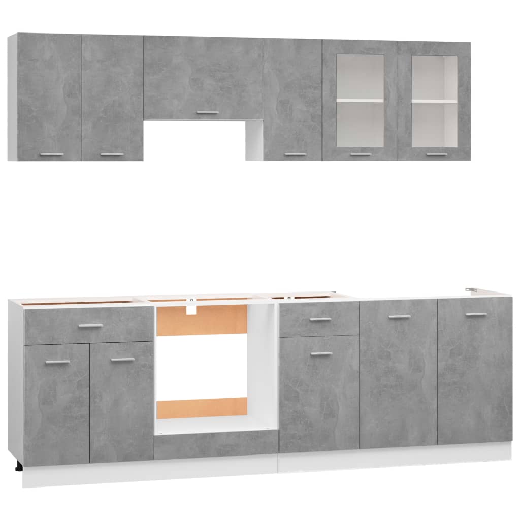 vidaXL 8 pcs conj. armários de cozinha contraplacado cinzento cimento