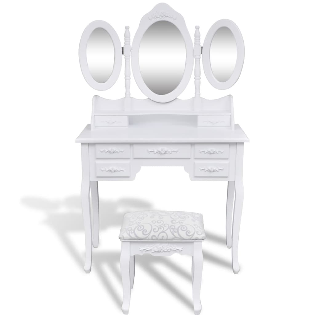 vidaXL Toucador com banco e 3 espelhos branco