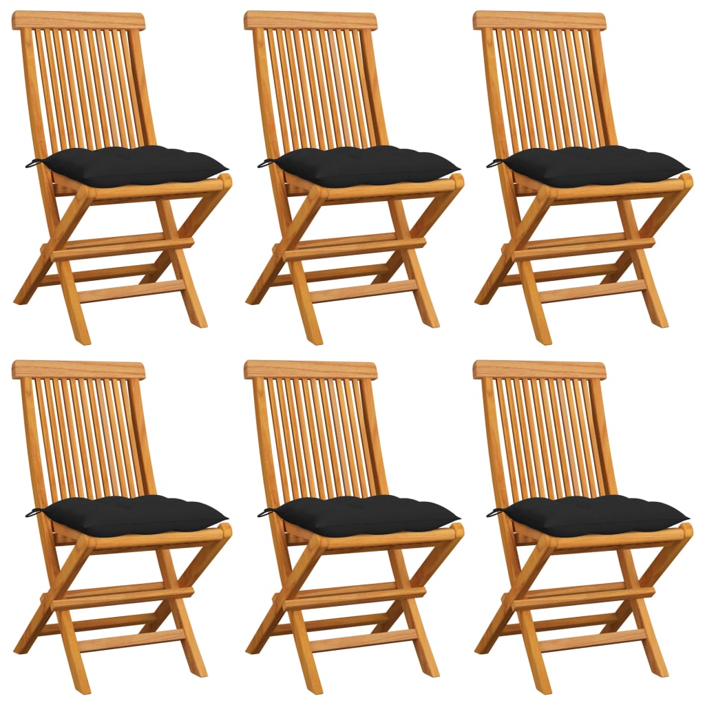 vidaXL Cadeiras de jardim c/ almofadões pretos 6 pcs teca maciça