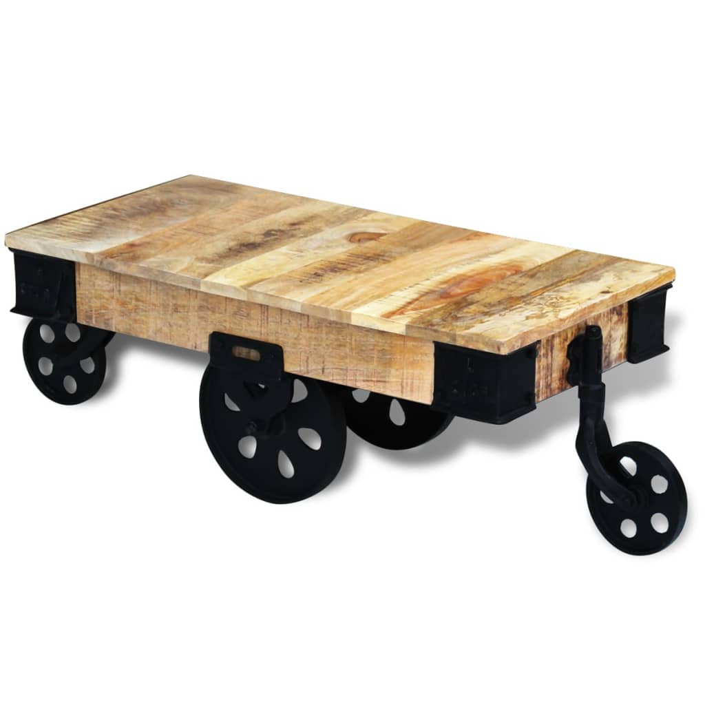 vidaXL Mesa de centro + rodas em madeira de mangueira áspera