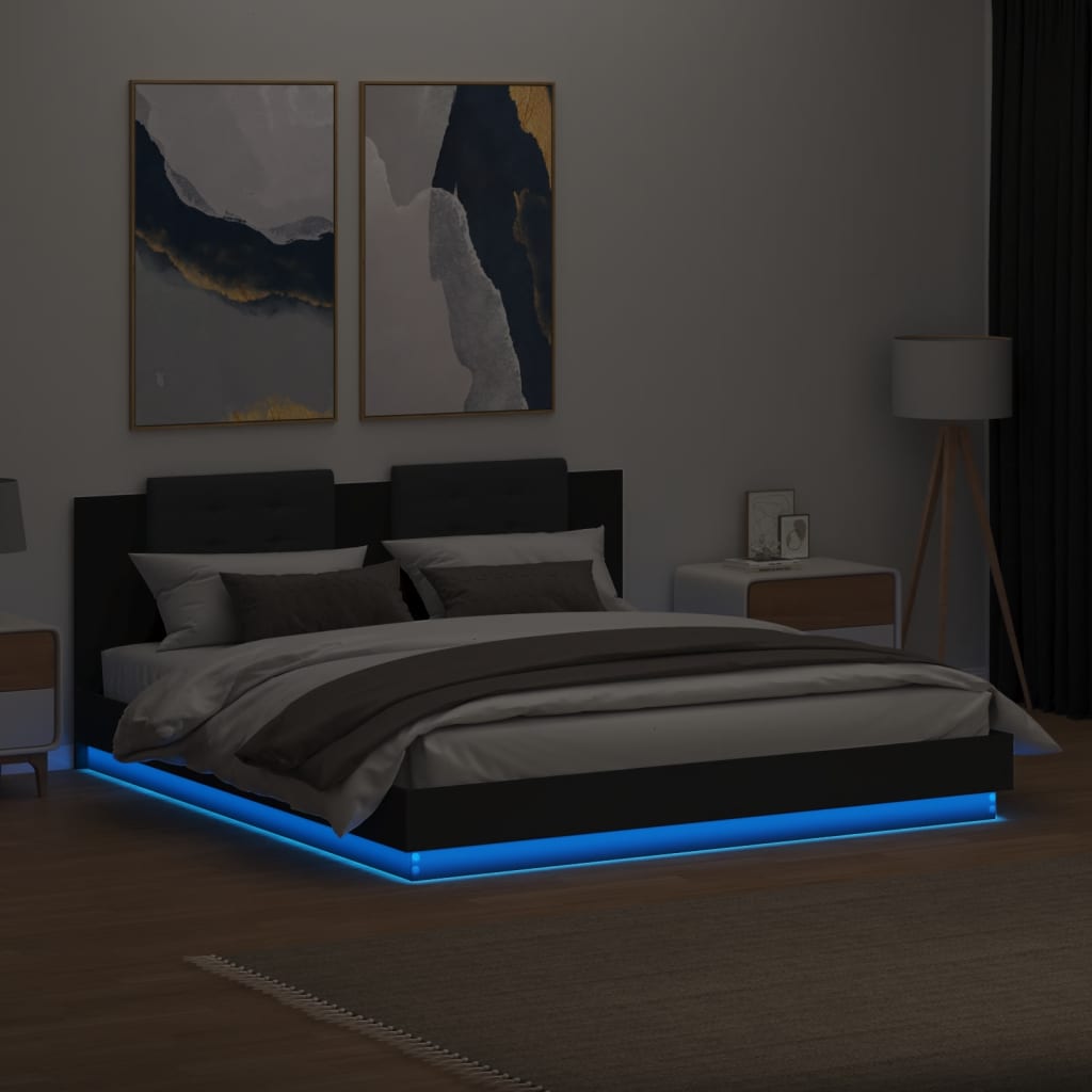 vidaXL Estrutura de cama com cabeceira e luzes LED 160x200 cm preto