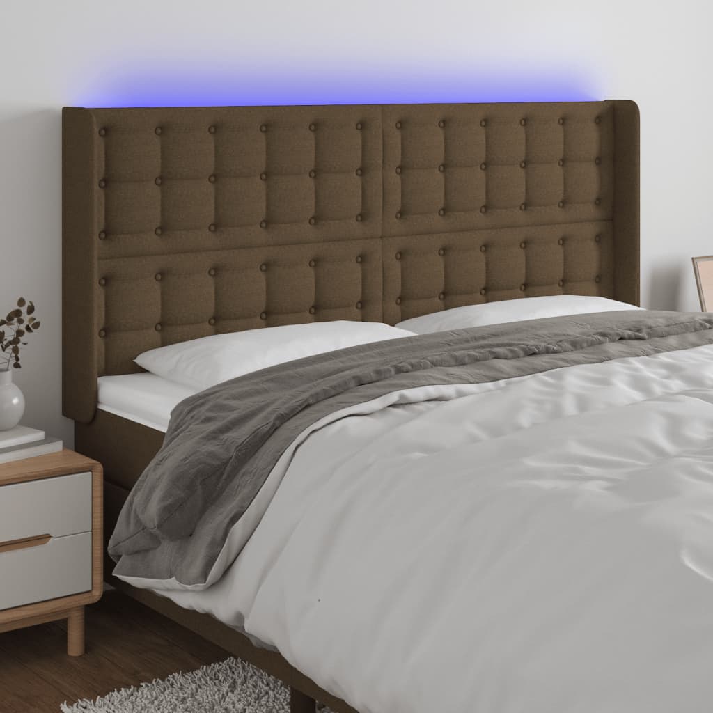 vidaXL Cabeceira de cama c/ luzes LED tecido 203x16x118/128cm castanho
