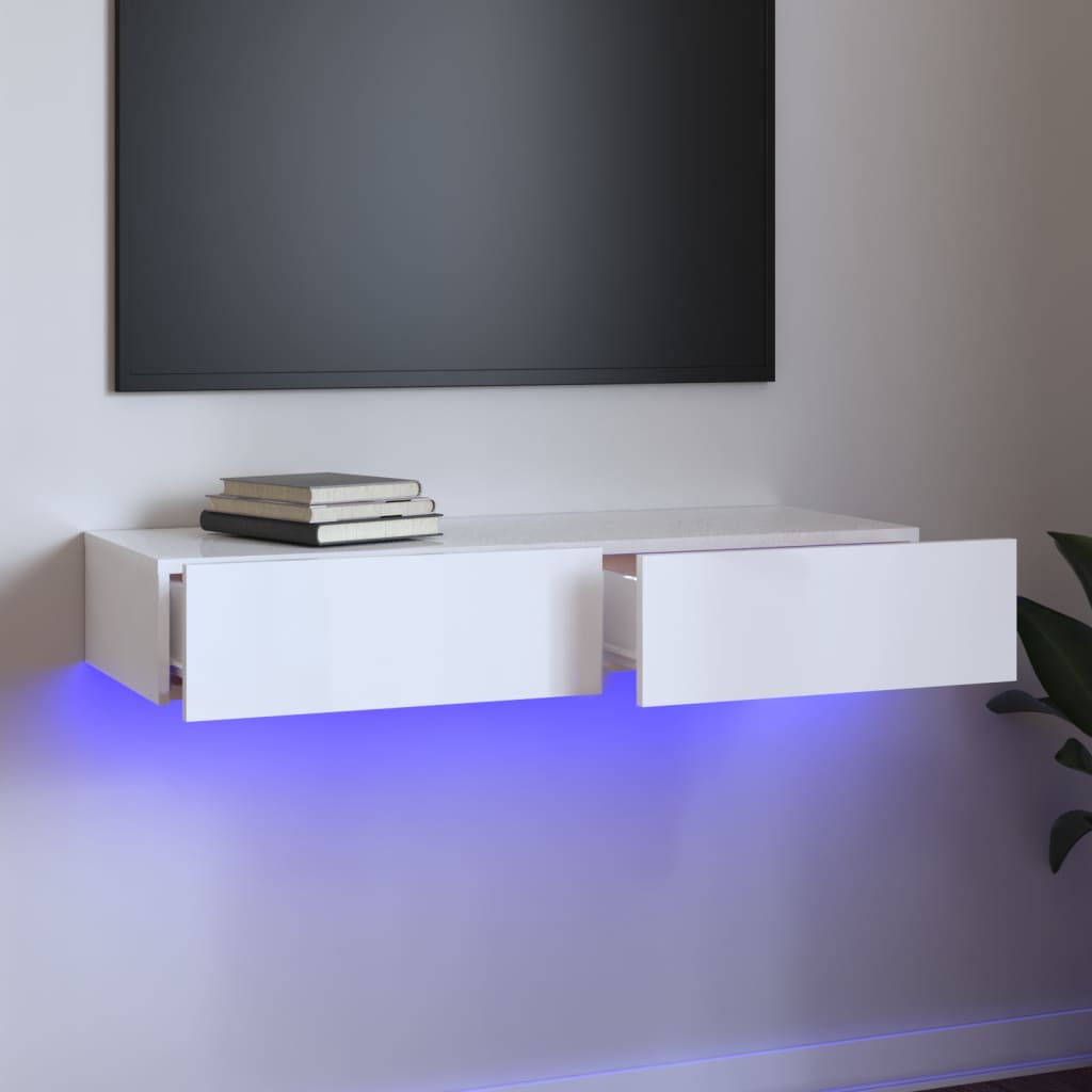 vidaXL Móvel de TV com luzes LED 90x35x15,5 cm branco brilhante